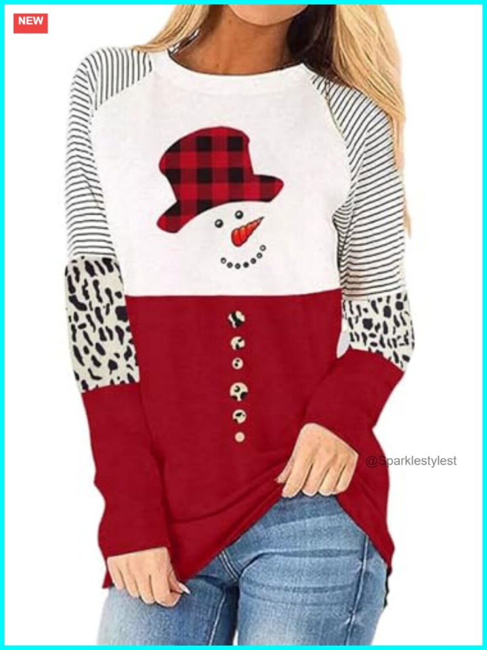 Snowman Christmas Long Sleeve Tee Plaid Hat Leopard Print Tops